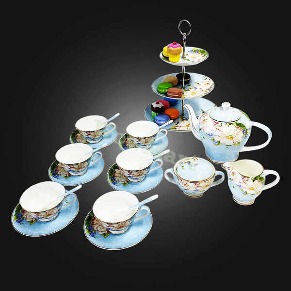 Elegant Fine Bone China Tea &amp; Hi-Tea Cake Plate Coffee Afternoon Tea Set 22pc #F