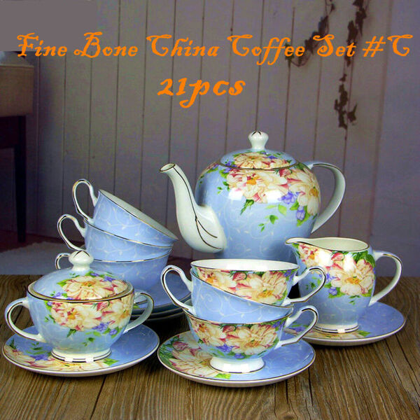 Elegant Fine Bone China Tea Set Coffee Afternoon High Tea Pot Cup Sauce Set 21pc