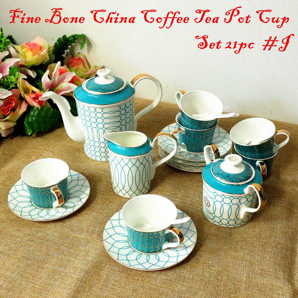 Elegant Fine Bone China Tea Set Coffee Afternoon High Tea Pot Cup Sauce Set 21pc