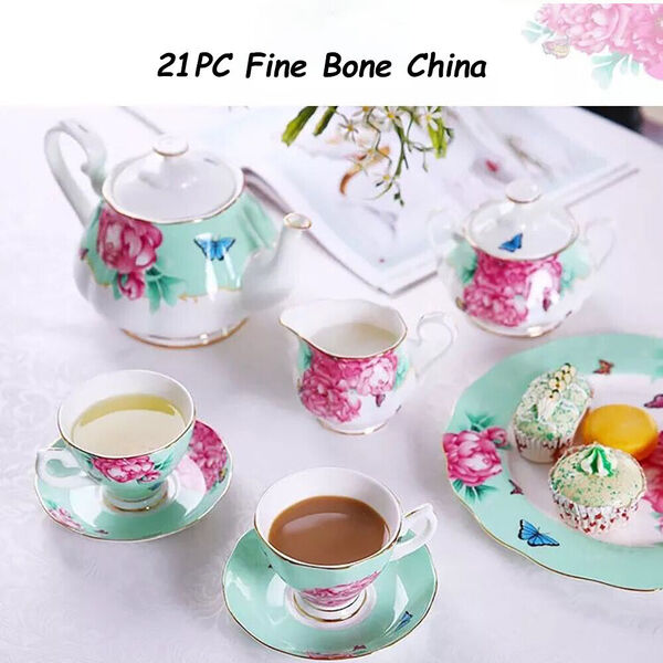 Elegant Fine Bone China Tea Set Coffee Afternoon High Tea Pot Cup Sauce Set 21pc