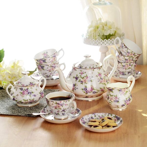 Elegant Fine Bone China Tea Set Coffee Afternoon High Tea Pot Cup Sauce Set 21pc