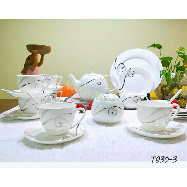 Fine Bone China Elegant 28pc Coffee Tea Pot Cup Set + 6 Cake &amp; 1 Serving Plate