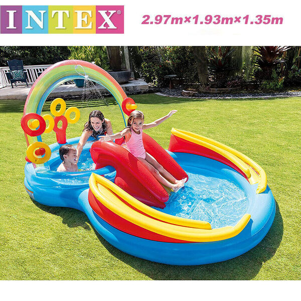 INTEX Inflatable Kid Rainbow Ring Pool Slide Water Play Center Ball Pit 297cm