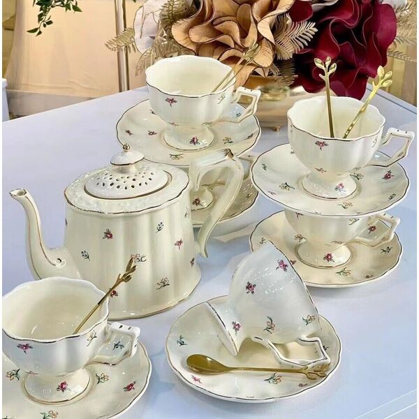 French Style Fine Ivory China Tea Set High Tea Coffee Pot Cup Sauce Set - 19 pcs