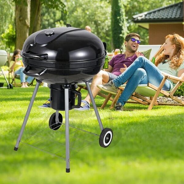 57cm Portable Kettle Charcoal BBQ Grill Outdoor Wheel Enamal BBQ Smoker &amp; Hood