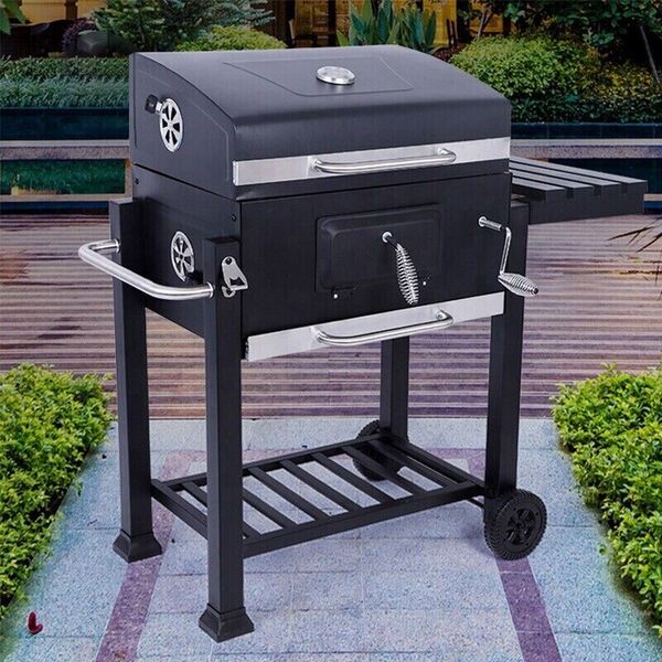 Outdoor Square Barbecue Enamel Grill &amp; Hood Portable Garden Charcoal BBQ Smoker