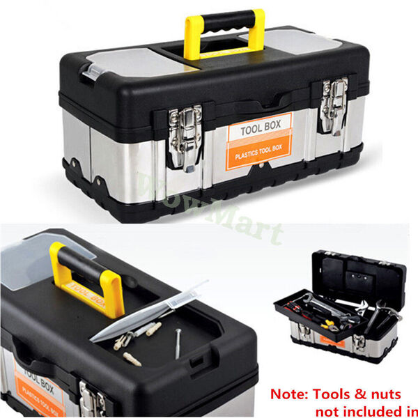 Portable Heavy Duty Plastic &amp; Metal Tool Box Toolbox Tool Organiser 19&quot; 17&quot; 14&quot; 