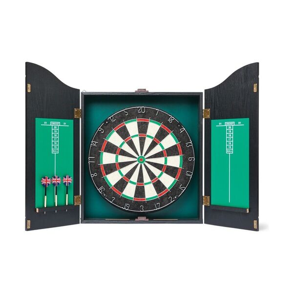 NEW 18&quot; Dartboard 2 Sides Printing Flocked &amp; Wooden Cabinet +6 Darts  (#1815)