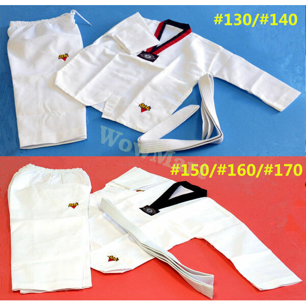 New Adult Kids Boy Girl White Karate Taekwondo Uniform White Belt &amp; V Neck