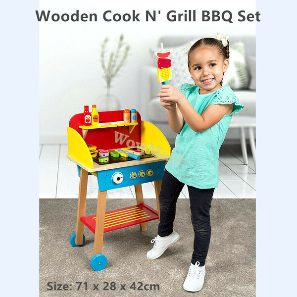 Kid Pretend Toy Wooden Cook N’ Grill BBQ Set Wooden Food &amp; Tool &amp;gt;30pc 71x28x42cm