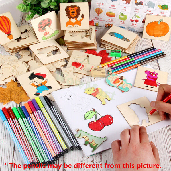 Kid Early Education Art Toy Wooden Drawing Stencil Mould Colouring Pen Set &amp;gt;80pc