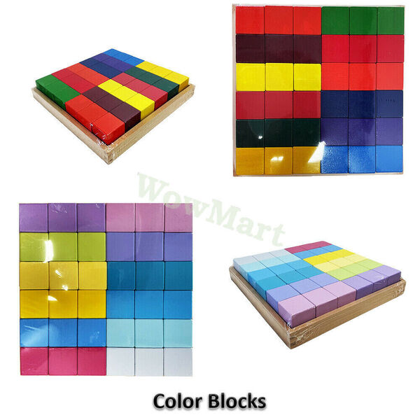 Kid Wooden Education Toy Rainbow Building Block Mosaic Cube &amp; Storage Tray 36Pcs