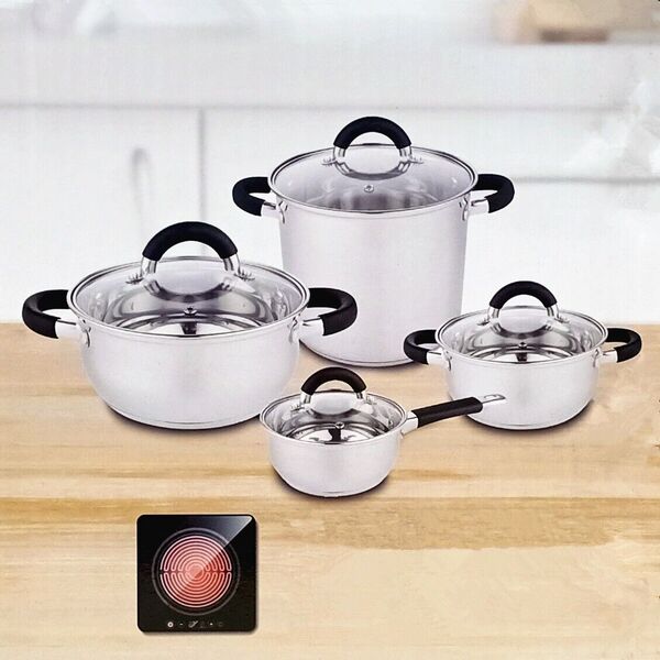 4pc Stainless Steel Stock Pot &amp; Glass Lid Cooking Kitchen Cookware Stockpot Set