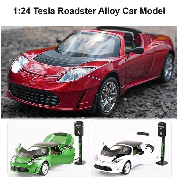 1:24 Alloy Tesla Roadster Car Model &amp; Charge Pile Sound Light Car Model Toy