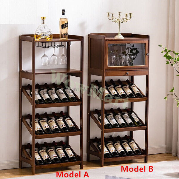 Bamboo Home Shop Bar Tall Wine Rack Cabinet Storage Display Shelf &amp; Glass Holder