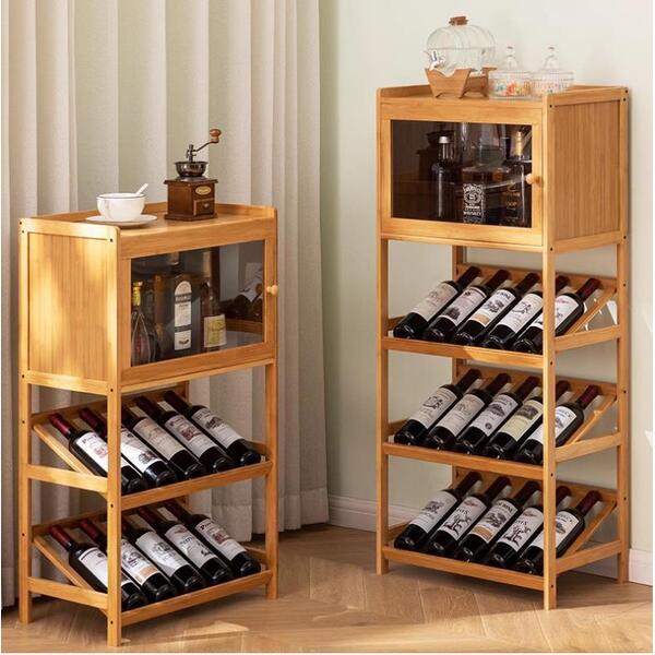 Bamboo Wine Rack Cabinet Home Bar Cellar Wine &amp; Glass Display Shelf Cabinet