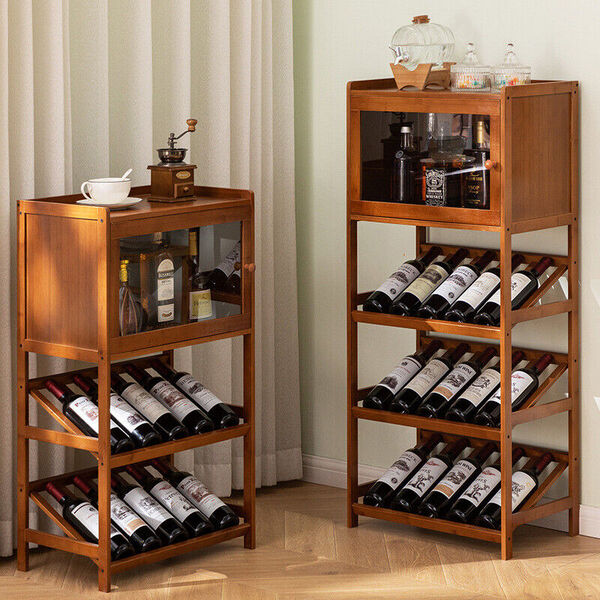 Bamboo Home Bar Cellar Wine &amp; Glass Display Shelf Cabinet Wine Rack Cabinet