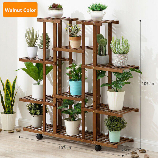 Bamboo Flower Planter Stand Shelf Wheel Storage Rack Shelving Unit Organizer 6-T