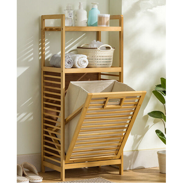 Wooden Bamboo Laundry Hamper Tilt Out Liner Bag Clothes Basket Shelf Organizer