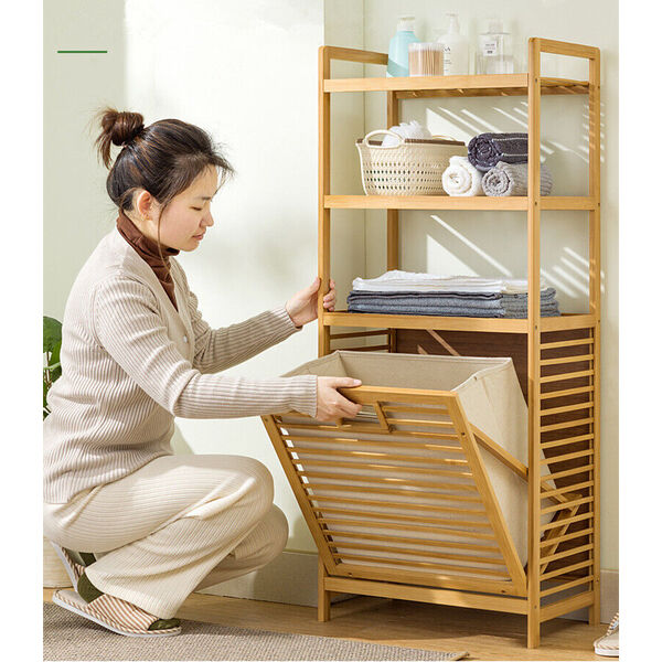 Wooden Bamboo Laundry Hamper Tilt Out Liner Bag Shelf Organizer Clothes Basket