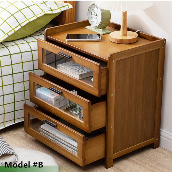 Bamboo Bedside Table Nightstand Transparent Door Storage Cabinet Drawer Unit