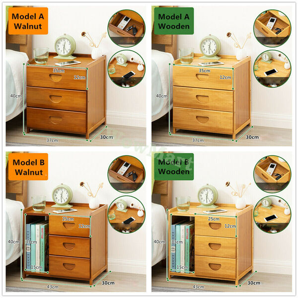 Wooden Bamboo 3-Drawer Bedside Table Cabinet Nightstand Stand Unit Bedroom