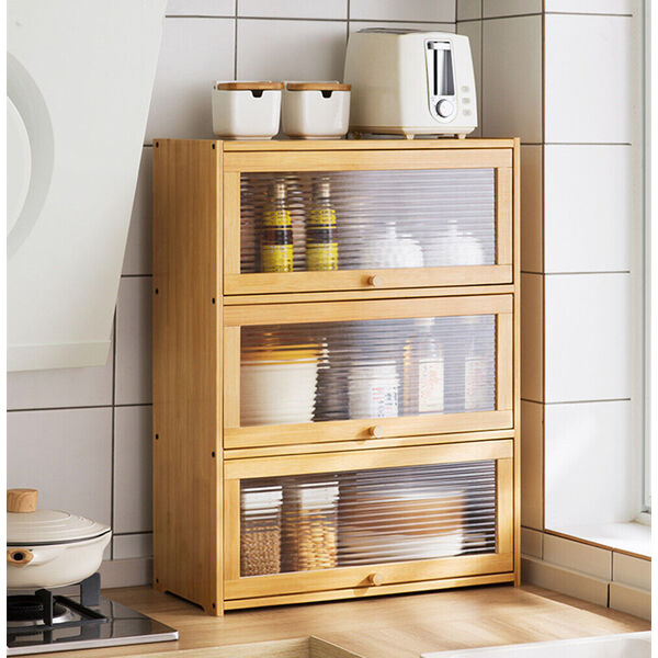 Bamboo Kitchen Countertop Cupboard Pantry Kitchen Storage Clear Cabinet Showcase