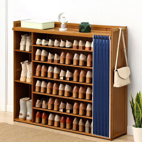 Hallway Wooden Shoe Rack Organizer Slide Curtain Boot Shoe Cabinet Storage Shelf