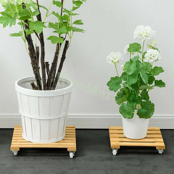 Bamboo Wooden Flower Pot Stand Dolly Plant Moving Castor Wheel Trolley 25-30cm