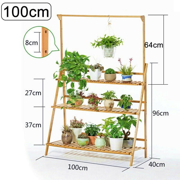 Garden Folding Bamboo 3-Tier Hanging Flower Pot Rack Plant Stand Shelf 100cm