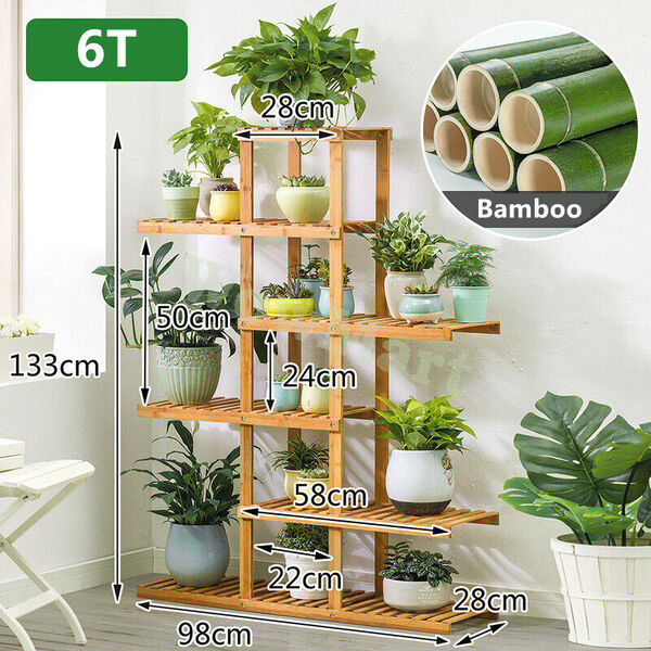 Indoor Outdoor Garden Solid Bamboo Stand Planter Flower Pot 6 -Tier Shelf  130cm