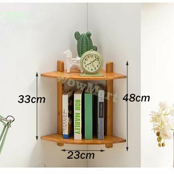 Home Decor Wall Mount Bamboo Wooden Corner Shelf  2-Tier Bookshelf Storage Rack