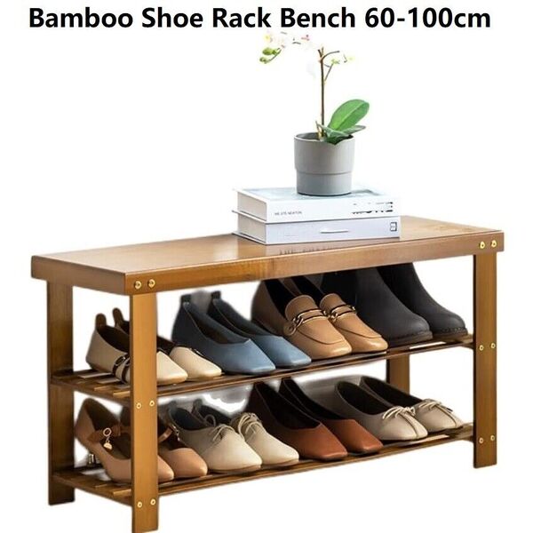 2-In-1 Bamboo Shoe Rack Shoe Changing Bench Stool Wooden Storage Shelf Organizer