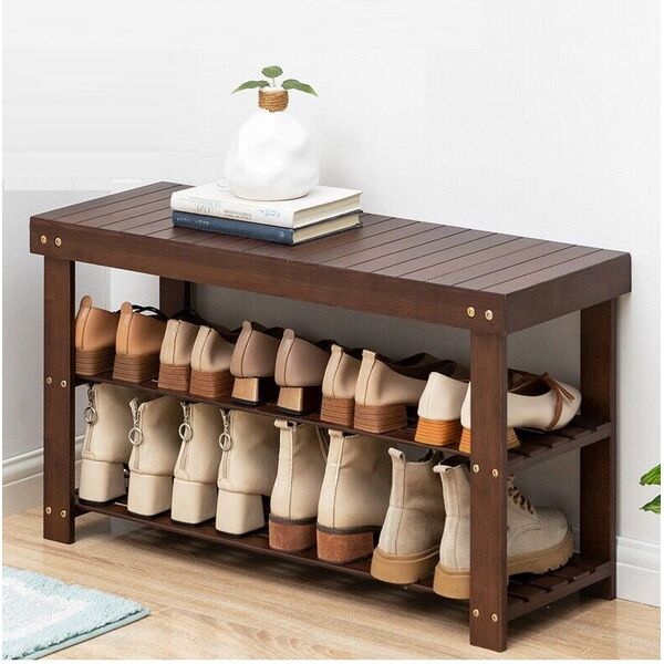 Bamboo Shoe Rack Shoe Changing Bench Stool Wooden Storage Shelf Organizer