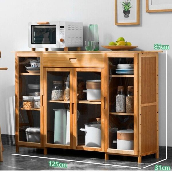 Wooden Bamboo Clear Door Sideboard Storage Cabinet Kitchen Cupboard Drawer Table