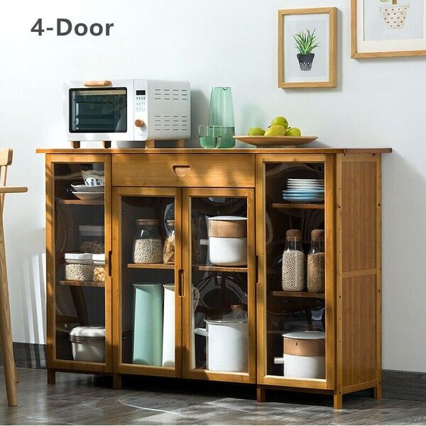 Wooden Bamboo Clear Door Sideboard Storage Cabinet Kitchen Cupboard Drawer Table