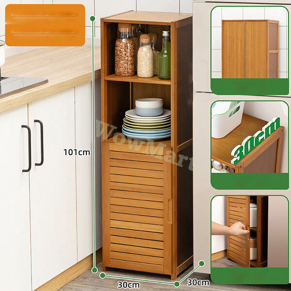 Bamboo Wooden Narrow Slimline Storage Tower Tall Cabinet Pantry Cupboard 4-Tier