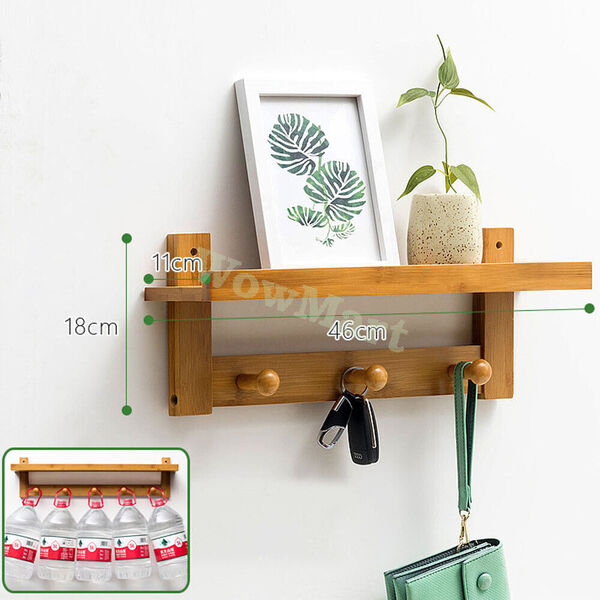 Hallway Wall Mount Bamboo Decoration Shelf Rack 3 Hook Coat Key Hanger Organizer