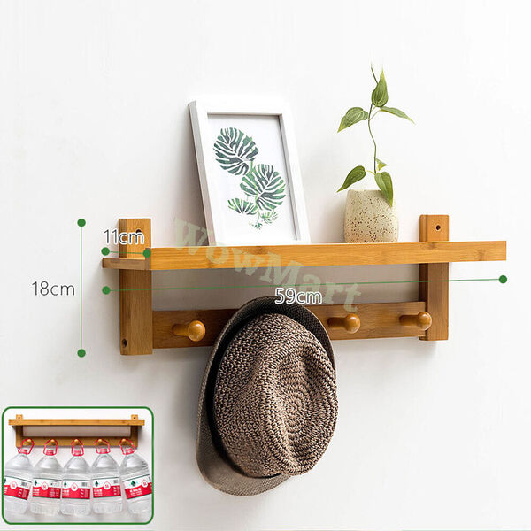 Hallway Wall Mount Bamboo Decoration Shelf Rack 4 Hook Coat Key Hanger Organizer