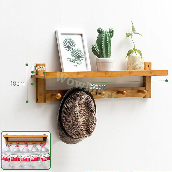 Hallway Wall Mount Bamboo Decoration Shelf Rack 5 Hook Coat Key Hanger Organizer