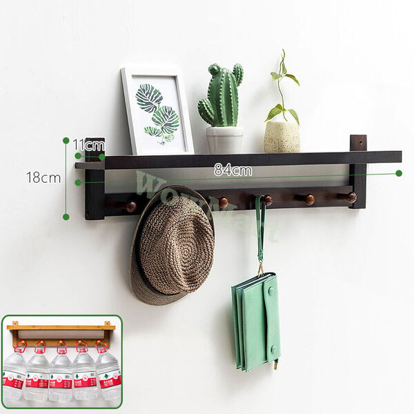 Hallway Wall Mount Bamboo Decoration Shelf Rack 6 Hook Coat Key Hanger Organizer