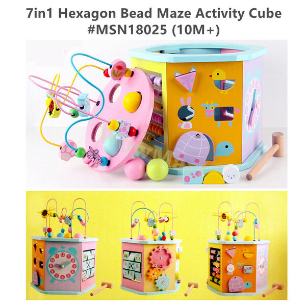 Kid Educational Toy 7-In-1 Hexagon Wooden Bead Maze Activity Cube 10 Mon+