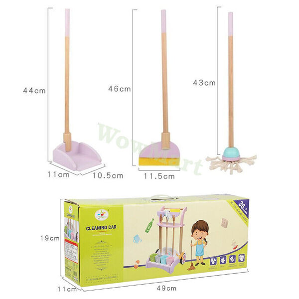 Kid Wooden Pretend Toy Broom Mop Cleaning Cart Set &amp; Garbage Sorting Card Game