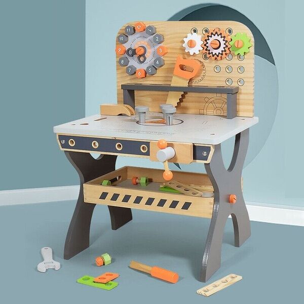 Kid Wood Pretend Play Toy Clock Tool Work Bench Construction Tool Bench Set 3Y+