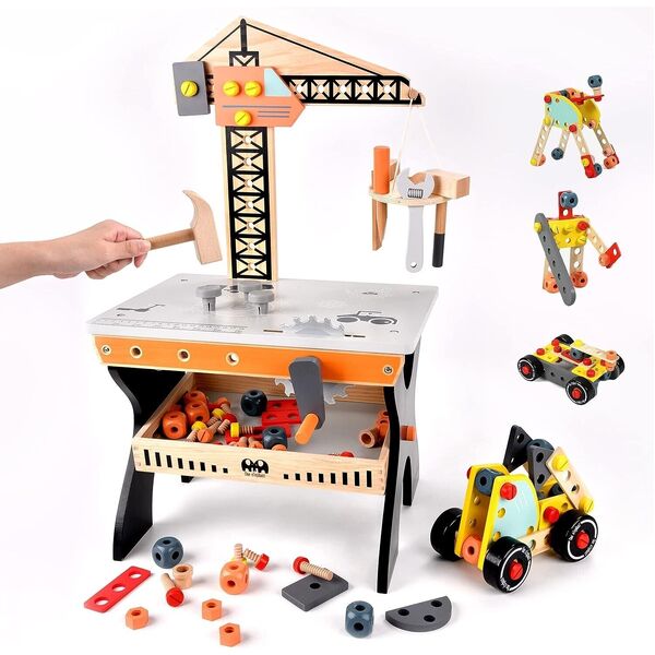 Kid Wood Pretend Play Toy Crane Tool Work Bench Construction Tool Bench Set 3Y+