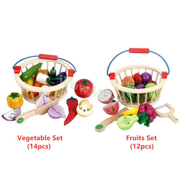 Kid Wooden Pretend Toy Role Play Gift Magnetic Cutting Fruit / Vegetable Basket