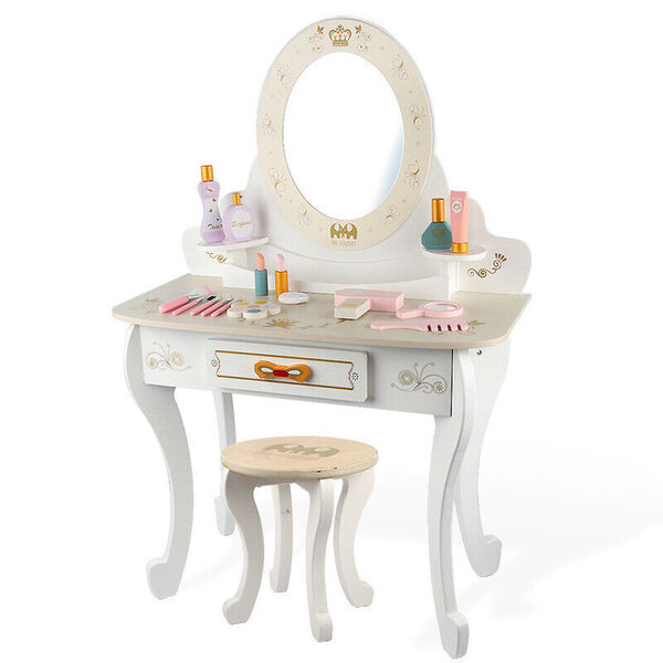 Kid Vanity Dressing Table Stool Set Makeup Mirror Drawer Dresser Pretend Toy 14p