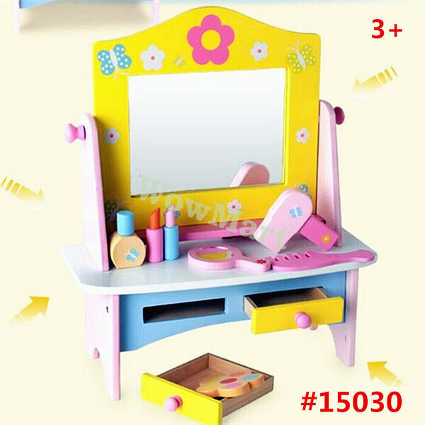 Kid Wooden Pretend Play Toy Dresser Dressing Table &amp; Mirror Accessories #15030