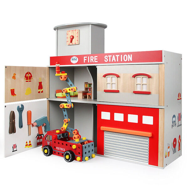 Large Kid Fire Station Doll House Fire Truck Furniture Tool Wooden Pretend Toy 