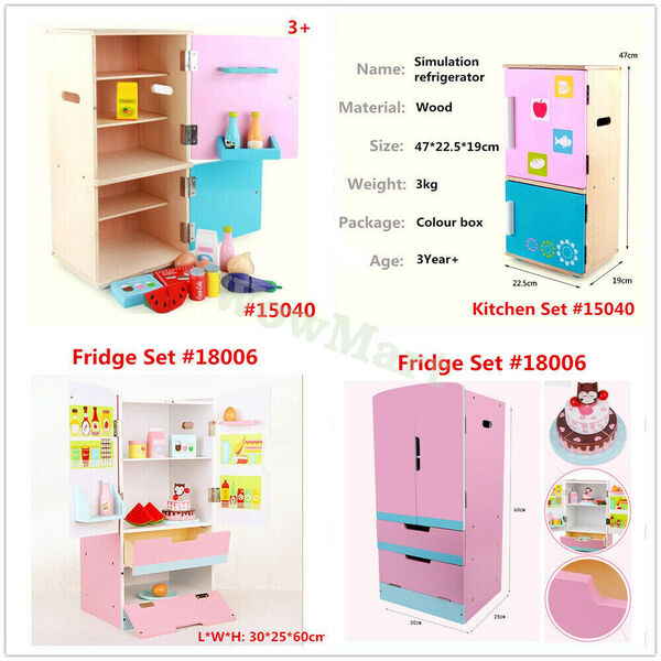 New Deluxe Wooden Kid Pretend Play Toy Kitchen Fridge Food Drink Accessories Set